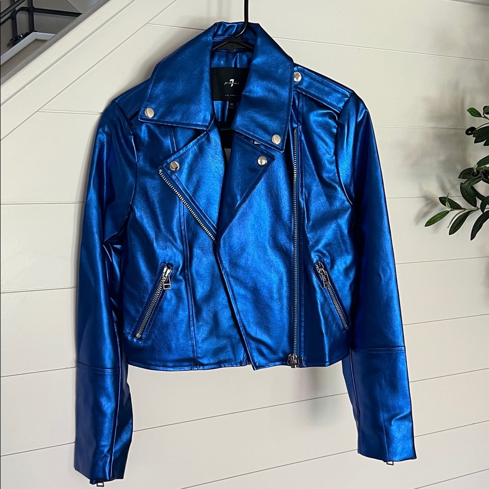 7 For All Mankind Metallic Royal Blue Moto Jacket - Picture 1 of 1